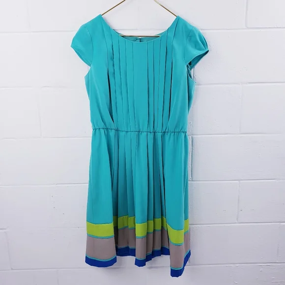 Pleated Turquoise Lime Green Colorblock Dress with Belt RK Originals Size 14 - Picture 2 of 11